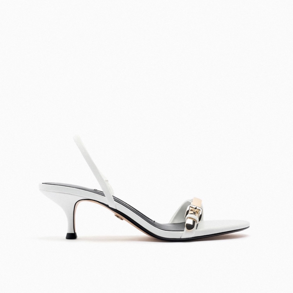 Zara Low Heel Leather Sandal White Size 8